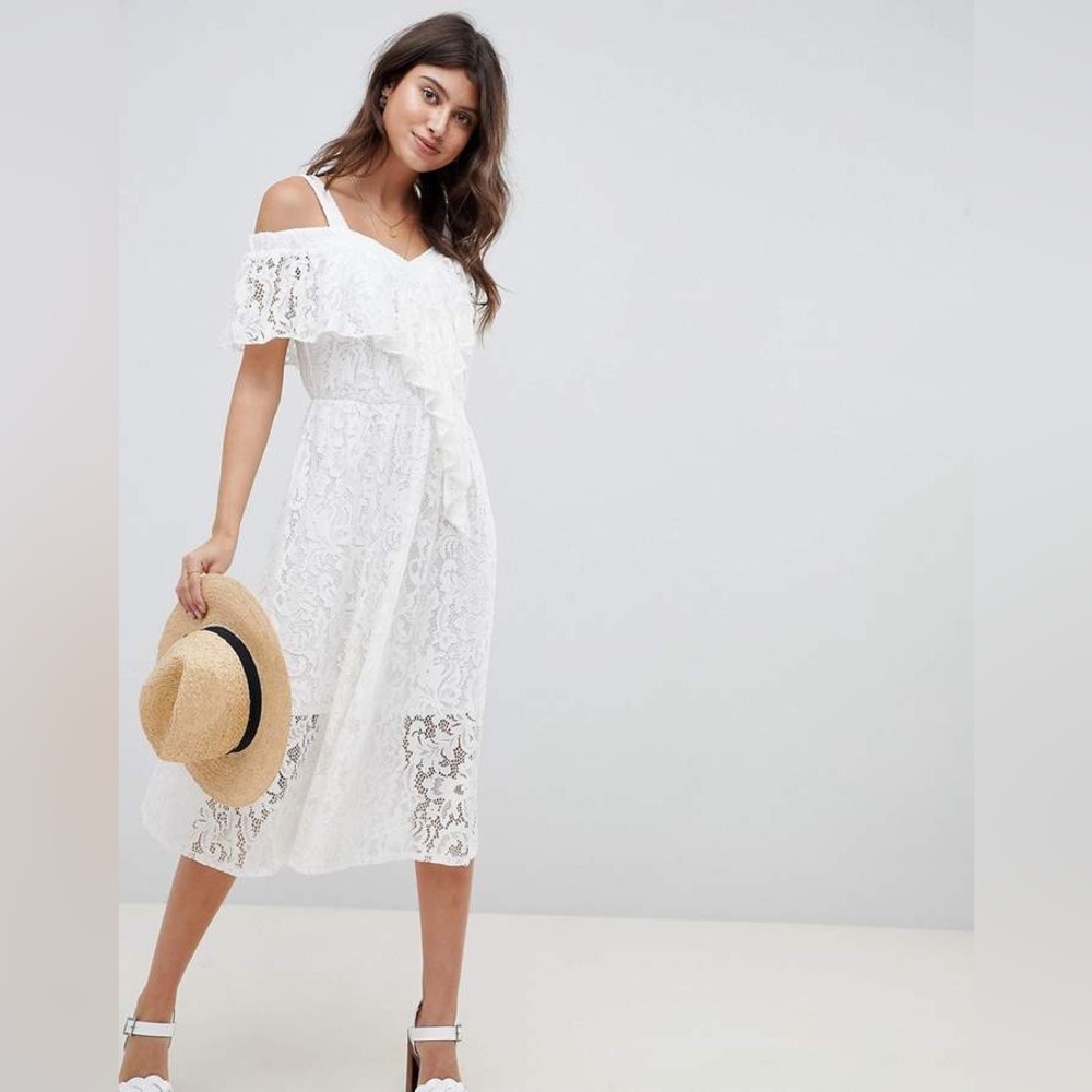 ASOS DESIGN White Lace Off-Shoulder Midi Sundresd